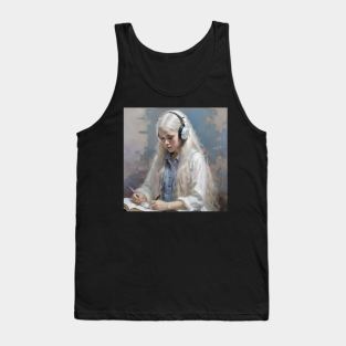 Blonde Girl With Headphones Reading Book B Tank Top